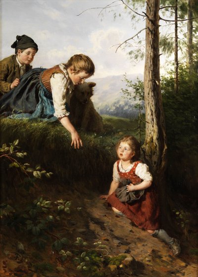Three Children in the Forest Picking Berries by Felix Schlesinger